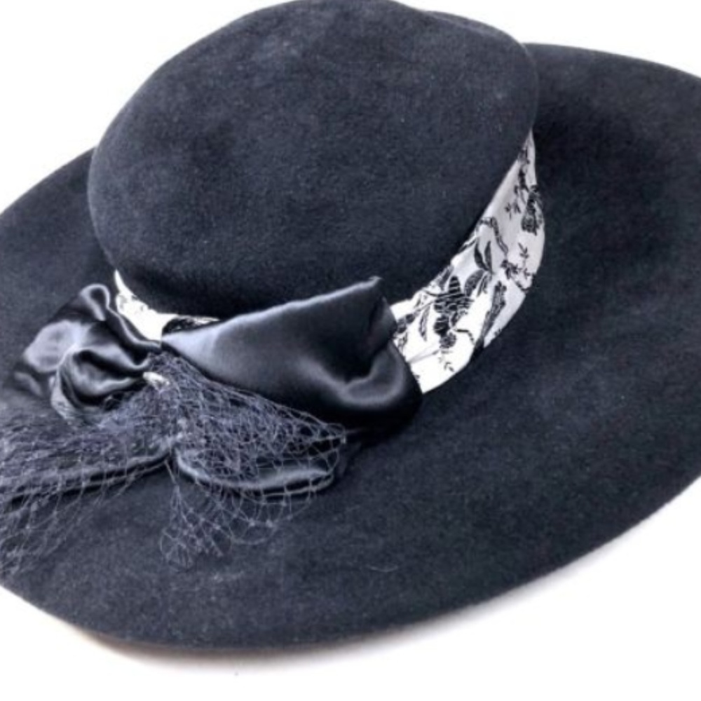Elegant Black Wool Wide-Brim Hat with Satin Bow
